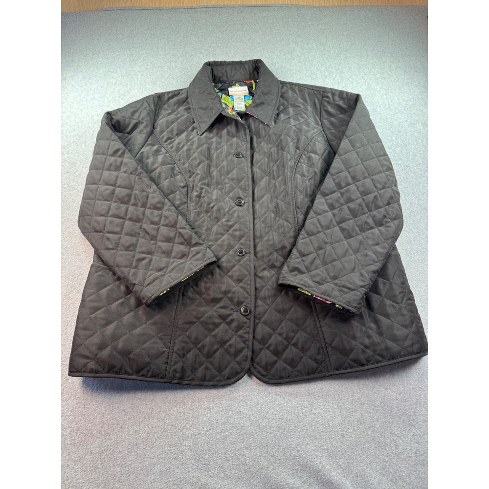 Alfred Dunner Woman Black Quilted‎ Jacket Floral Lining Button Front Size 18W